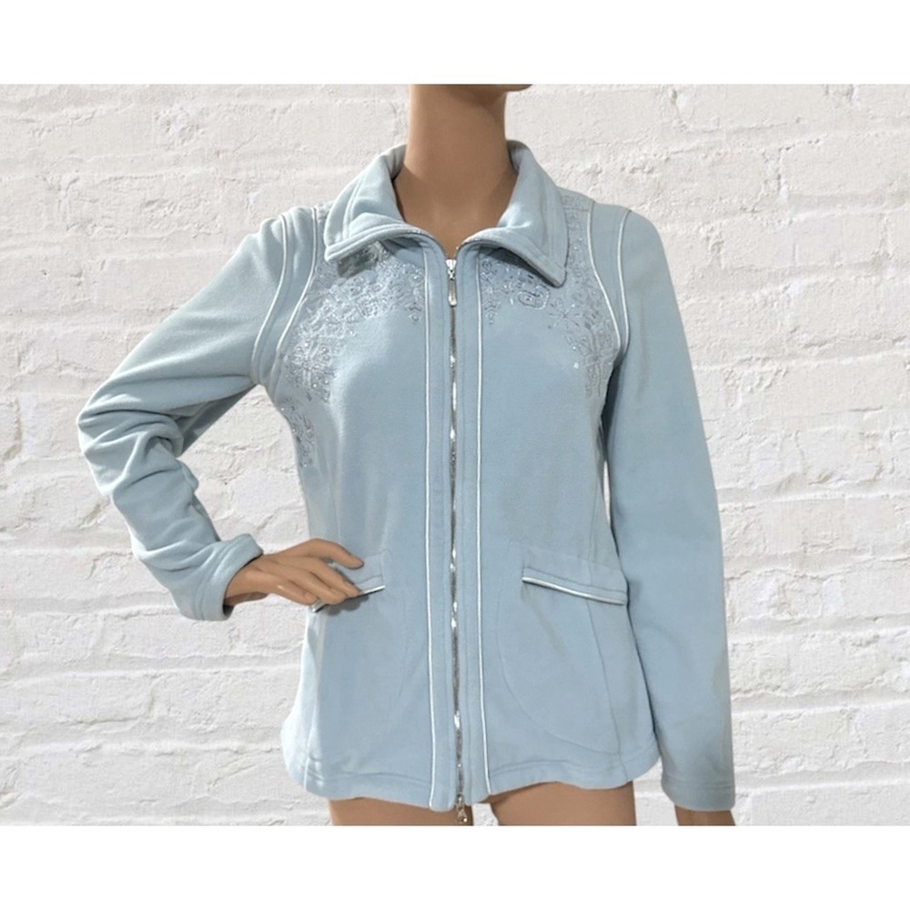 Escada Sport Jacket Women EU34/US XS Fleece Ice Blue Silver Embroidered Full Zip